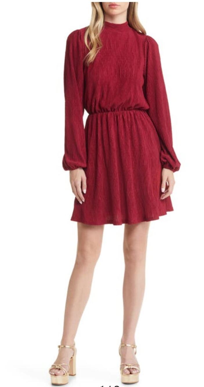 Floret Studios Plisse Pleated Long Sleeve Dress In Burgundy Red Size Medium